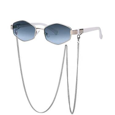Imagem de Óculos de Sol Feminino Corrente Irregular Pequenos Quadrados Óculos de Sol Femininos com Corrente Gradiente Liga Feminina Uv400, Azul Prateado, com Estojo