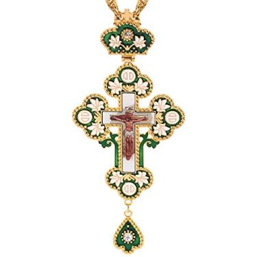 Imagem de Naswi Colar com cruz católica, colar com flor de óleo esmaltado verde, crucifixo cristão, igreja, padre, crucifixo ortodoxo, ícones religiosos