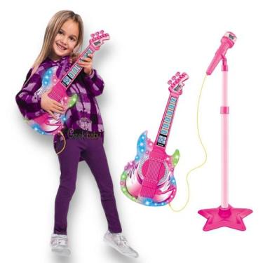Imagem de Microfone Com Guitarra Infantil Som E Luz Meninas Rock Show - Dm Toys