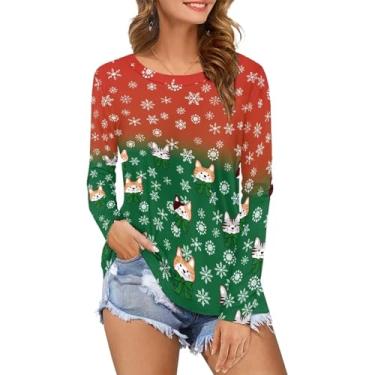 Imagem de Yewattles Camisetas femininas plus size de outono camiseta de manga longa gola redonda pulôver top túnicas femininas macias casuais roupas esportivas, Neve de gato de Natal, 6G