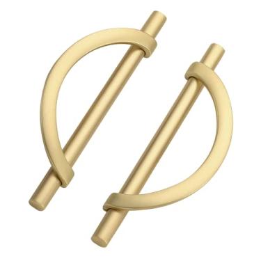 Imagem de 9BUILD Pacote com 10 puxadores de armário de cozinha de ouro escovado, puxadores de armário de meia lua, puxadores dourados para armários, ferragens de armário de cozinha, puxadores de gaveta dourados, puxadores de cômoda, puxador de gaveta