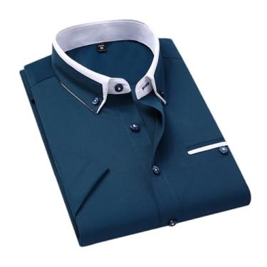 Imagem de Camisa de negócios de verão masculina manga curta abotoada gola virada para baixo camisas casuais roupas masculinas, Azul lago, P