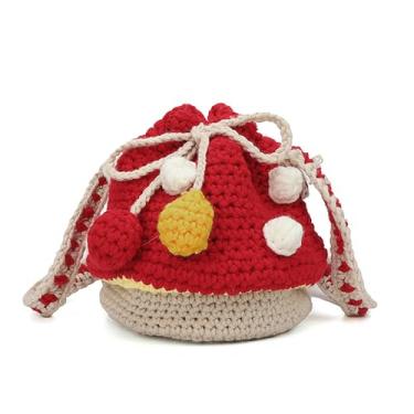 Imagem de XIAYUPAGU Bolsa de malha feita à mão com estampa de cogumelo de lã para mulheres, bolsa tiracolo com cordão, Vermelho