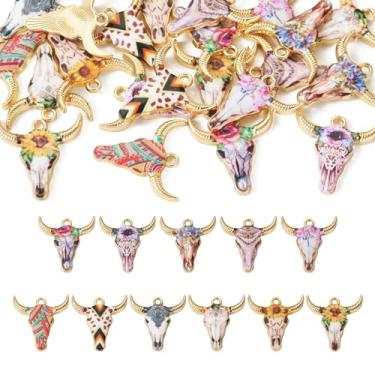 Imagem de Craftdady 22 berloques de vaca esmaltados de liga ocidental, 11 cores, pingentes de cabeça de gado de boi, ouro claro, pingentes de cabeça de touro para artesanato, brincos faça-você-mesmo,