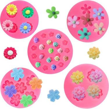 Imagem de 5 moldes de silicone para doces de flor rosa, mini moldes de silicone de margarida para decoração de bolos, moldes pequenos de argila de polímero, molde de resina para sabão, cubo de gelo, cera