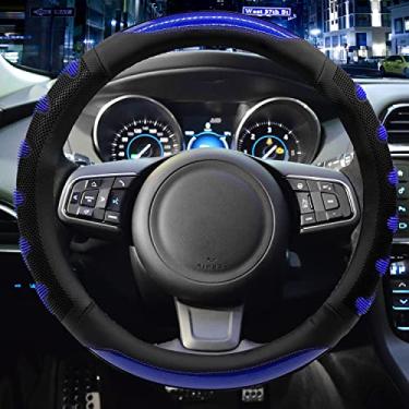 Imagem de NICEASY Capa de volante de couro preto estilo esportivo com design de S azul acessório de volante de aderência, ajuste universal volante de 14,5-15,4 polegadas