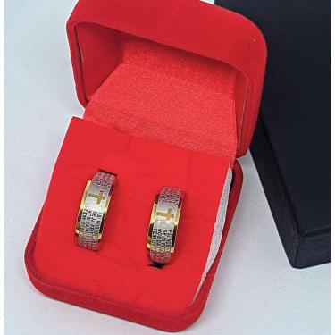 Imagem de Par de Aliança Anél Oração Pai Nosso em Português Aço Inox 316L Dourado + Estojo Veludo Caixa Porta Jóias Presente