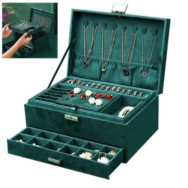 Imagem de Porta Joias Luxo Chave Caixa Triplo Compartimento Brinco Anel Bijuteria Colar Estojo Acessorios Organizaçao Penteadeira Acolchoado Proteçao