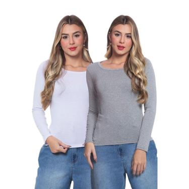 Imagem de Kit Blusa Básica Malha Manga Longa Branca e Cinza - GG-Feminino