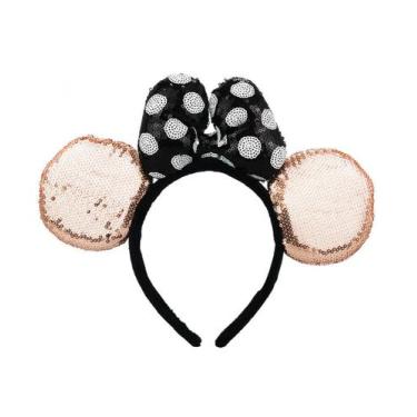 Imagem de Tiara Laço Preto Branco Orelhas Rosê Lantejoulas Minnie - Disney