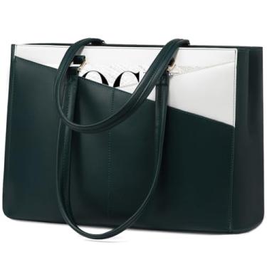 Imagem de Bolsa feminina para notebook LOVEVOOK, bolsa de couro PU impermeável para notebook de 15,6 polegadas, bolsa para trabalho, verde/branco