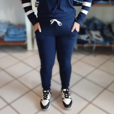 Imagem de Calça Moletom Feminino Inverno Frio Tecido Malha Crepe Azul Marinho M 