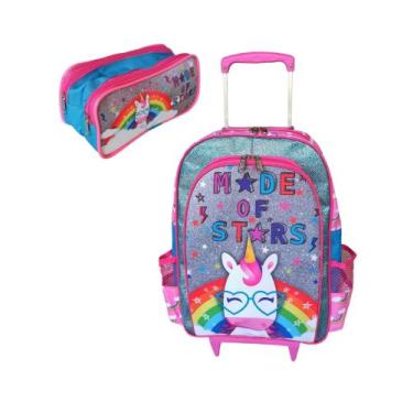Imagem de Kit mochila de rodinhas mochilete unicórnio infantil escolar meninas b