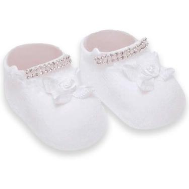 Imagem de Meia Sapatinho Bebê Recém Nascido Strass Selene, Branco, 0 a 5 Meses