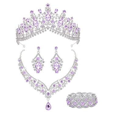 Imagem de Oriamour Tiaras e coroas para mulheres, conjunto de joias de casamento para mulheres, pacote com 5 brincos de coroa, colar, pulseira, conjunto de joias de noiva para noiva, fantasia de cristal, festa