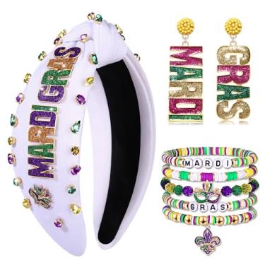 Imagem de CEALXHENY Bandanas femininas de carnaval com máscara de flor de lis, brincos pendurados, pulseiras heishi, acessórios de carnaval, roupas, lembrancinhas de festa, presentes (padrão C)