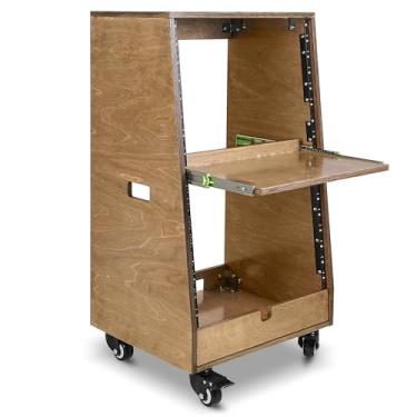 Imagem de Sound Town Rack de estúdio inclinado 16U DIY (8U superior + 8U inferior), com armazenamento inferior 2U, bandeja deslizante, rodízio, madeira compensada, marrom envelhecido para sala de gravação