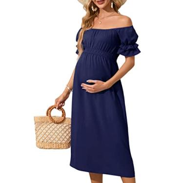 Imagem de KOJOOIN Vestido feminino de manga curta com ombro de fora, vestido midi rodado casual de verão para chá de bebê, sessão de fotos, Azul marinho, G