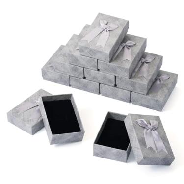 Imagem de Bestewelry Conjunto de 12 caixas de joias retangulares com esponja preta 9 x 6 cm x 3,5 cm caixas de embalagem de papelão, papel para colar, anéis, brincos - cinza