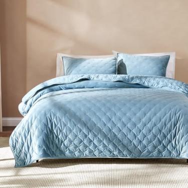 Imagem de Lush Decor - Conjunto de colcha, roupa de cama aconchegante de veludo de 3 peças com fronhas combinando, design de ponto bordado (azul celeste/casal/queen)