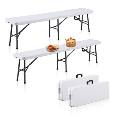 Imagem de BOOSDEN Pacote com 2 bancos dobráveis portáteis de 1,8 m, banco dobrável com alça, banco dobrável ao meio, bancos de plástico para exterior, jardim, piquenique, eventos de futebol, acampamento, jantar