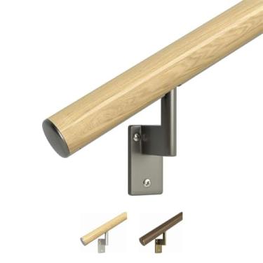 Imagem de Promenaid Kit de corrimão nivelado de 0,9 m - Carvalho - Corrimão interno completo para escadas - Trilhos redondos de alumínio envolto em madeira genuína de 4 cm com 2 suportes pivotantes pintados de