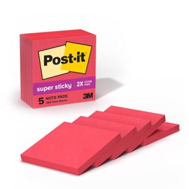 Imagem de Post-it Notas super adesivas, 5 blocos de notas adesivos, 7,6 x 7,6 cm, material escolar, produtos de escritório, notas adesivas para superfícies verticais, monitores, paredes e janelas, vermelho maçã