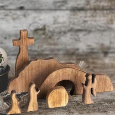 Imagem de Skwelom Cena de Páscoa de tumba vazia de madeira, decoração de casa religiosa, cruz e figuras, marrom rústico