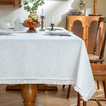 Imagem de AmHoo Toalha de mesa de linho toalha de mesa costura borla retangular decorativa toalha de mesa natural para cozinha jantar casamento buffet 155 x 86 polegadas creme branco