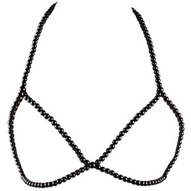 Imagem de Zhang Trading – Colar feminino com corrente no peito, colete de pérolas, gola para biquíni, cintura corporal Preto