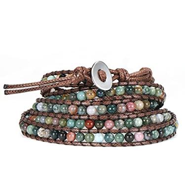 Imagem de Emibele Pulseira de couro em camadas, rebite com estampa de leopardo, estilo boêmio, multicamadas, pulseira de concha com contas de cristal de ágata ametista chacra para mulheres, 85 Cm, Cobre, Ágata