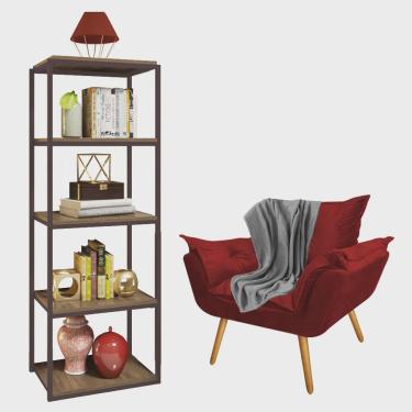 Imagem de Kit Poltrona Fatte com Manta Soft Cinza e Estante Livreiro Ferro Marrom mdf Imbuia Suede Vermelho - Ahazzo Móveis