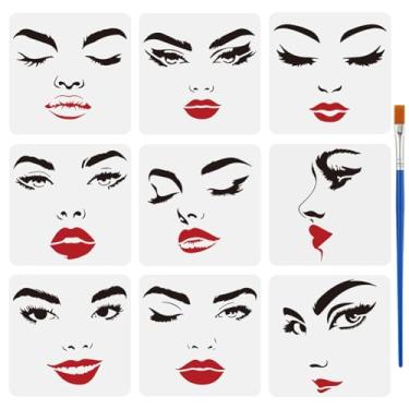 Imagem de FINGERINSPIRE 9 peças de estêncil de pintura de rosto feminino com pincel 15 x 15 cm, modelo de desenho de boca e nariz, expressão facial, rosto feminino, faça você mesmo, estêncil para pintar em