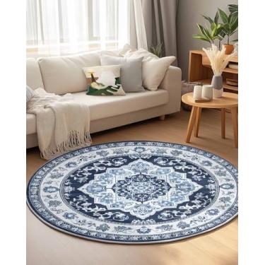 Imagem de Tapete redondo, estilo étnico boêmio, círculo, sala de estar, tapete antiderrapante, textura vintage, flor abstrata, macio, confortável para quarto, quarto de crianças