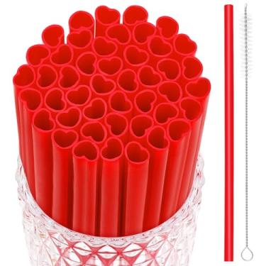 Imagem de JANYUN 30 canudos vermelhos em forma de coração, canudos reutilizáveis de plástico para dia dos namorados, lembrancinhas de festa de aniversário, chá de panela, suprimentos de casamento