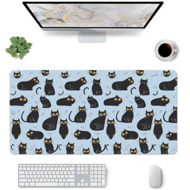 Imagem de Kawaii Cats – Tapete de mesa preto, pequeno, extenso, teclado para jogos, mouse pad, couro azul macio antiderrapante para escritório/casa/estudo