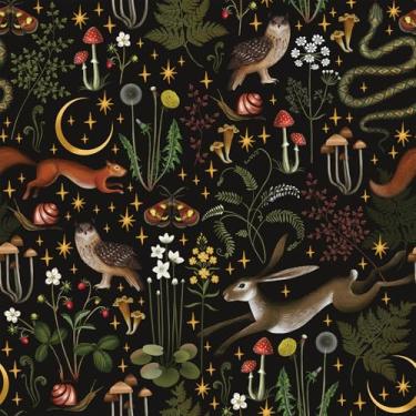 Imagem de VEELIKE Papel de parede florestal de fadas negras, descasque e cole papel de parede vintage da floresta para quarto de crianças de 17,7 x 118 cm, papel de parede de cogumelo escuro autoadesivo de