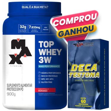 Imagem de 100% Whey Protein 900g Morango Max Titanium + Deca Testona