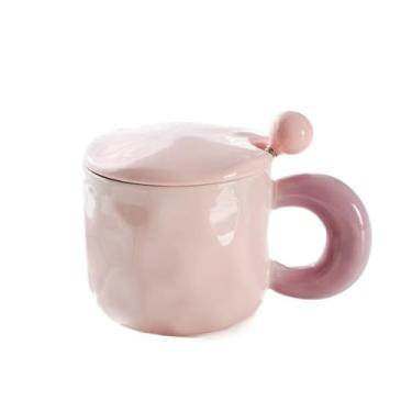 Imagem de zaoalife Conjunto de canecas de café de cerâmica com tampa e colher - Presente de canecas de casal rosa de 420 ml, lavável na lava-louças, copos de 9,8 cm de altura para chá/chocolate quente/leite