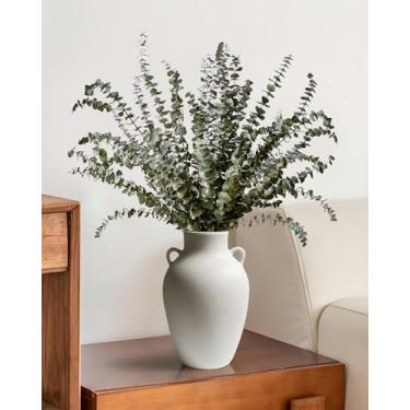 Imagem de GeLive Vaso de cerâmica branco rústico com alças de porcelana pesada de 25,4 cm, vaso de centro de mesa feito à mão, jarro à prova d'água para galhos longos e frescos, plantas artificiais, decoração