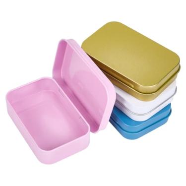 Imagem de SOFPLATE 4 cores 9,8 x 6,3 cm, 4 peças, caixas de lata coloridas vazias com dobradiças, mini recipiente de metal retangular pequeno portátil para joias com tampa, caixa de armazenamento de ferro para