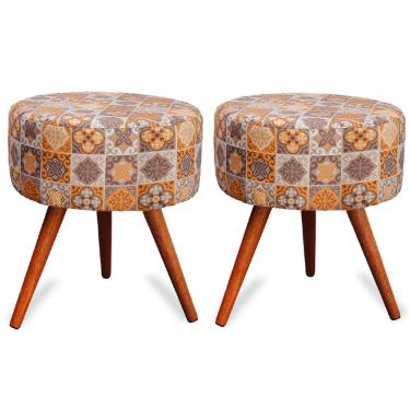 Imagem de Kit 2 Puff Cama Inbox Bagdade Redondo com Pés em Madeira Maciça Tecido Suede