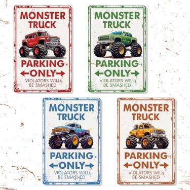 Imagem de Bolcguri 4 Peças De Placas Estacionamento Monster Truck Para Crianças, Jam, Apenas Infratores Serão Esmagados, Decoração Porta Quarto, Caminhão Construção, Corrida, Meninos, Parede Quarto Infantil,