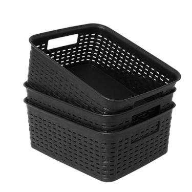 Imagem de Soddeph Cestos De Plástico Para Armários, Organização Despensa Doméstica Com Alça, Organizadores Quarto, Banheiros, Embaixo Da Pia, Cozinha (Preto, Pacote 3 Unidades)