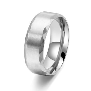 Imagem de SeiMios Aliança de casamento masculina 8 mm titânio fosco acabamento escovado com bordas multifacetadas ajuste confortável tamanho 7-12, Aço inoxidável, Sem pedra preciosa