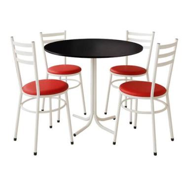 Imagem de Mesa de Jantar Redonda 80cm Preta Com 4 Cadeiras Estofada Branca - Lam