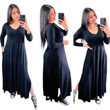 Imagem de Vestido longo gola v com fenda lateral  manga longa - Neide modas, Pre