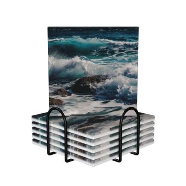 Imagem de Porta-copos para bebidas, conjunto de 6 porta-copos redondos absorventes de cerâmica antiderrapante com suporte e base de cortiça Tapete reutilizável para copos de ondas de água para tipos de xícara