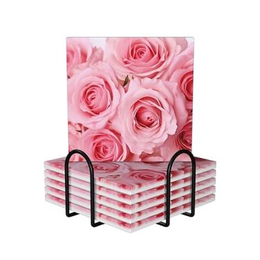 Imagem de Porta-copos para bebidas, conjunto de 6 porta-copos redondos absorventes de cerâmica antiderrapante com suporte e base de cortiça, tapete de copo reutilizável de rosas frescas para tipos de xícara