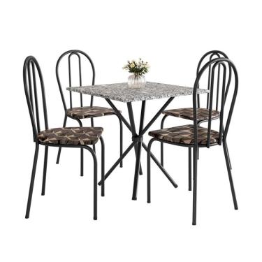 Imagem de Conjunto de Mesa Quadrada com Tampo Granito e 4 Cadeiras Léia Revestimento Sintético Preto e Palha